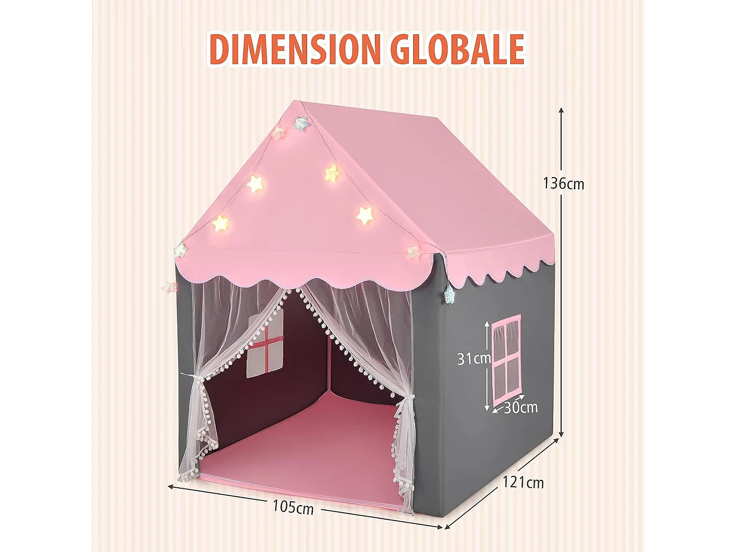 Tente de Jeux Enfants, Château de Princesse Tente Intérieure avec Tapis Lavable, Lumières Étoiles, 105 x 121 x 136 CM, Rose