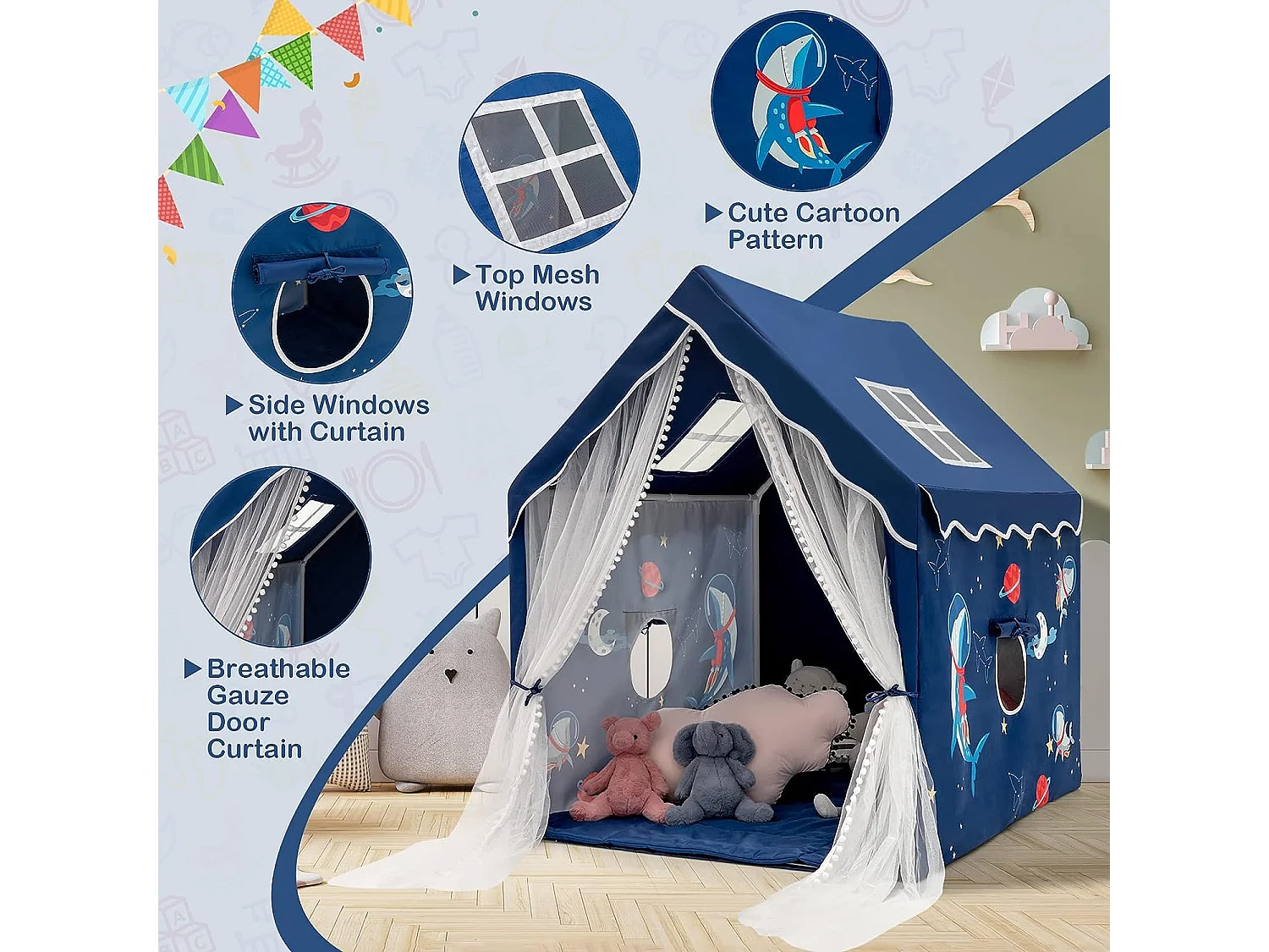 Tente de jeux pour enfants intérieur avec coussin rembourré amovible, cabane enfant