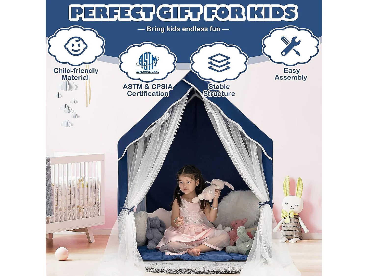 Tente de jeux pour enfants intérieur avec coussin rembourré amovible, cabane enfant