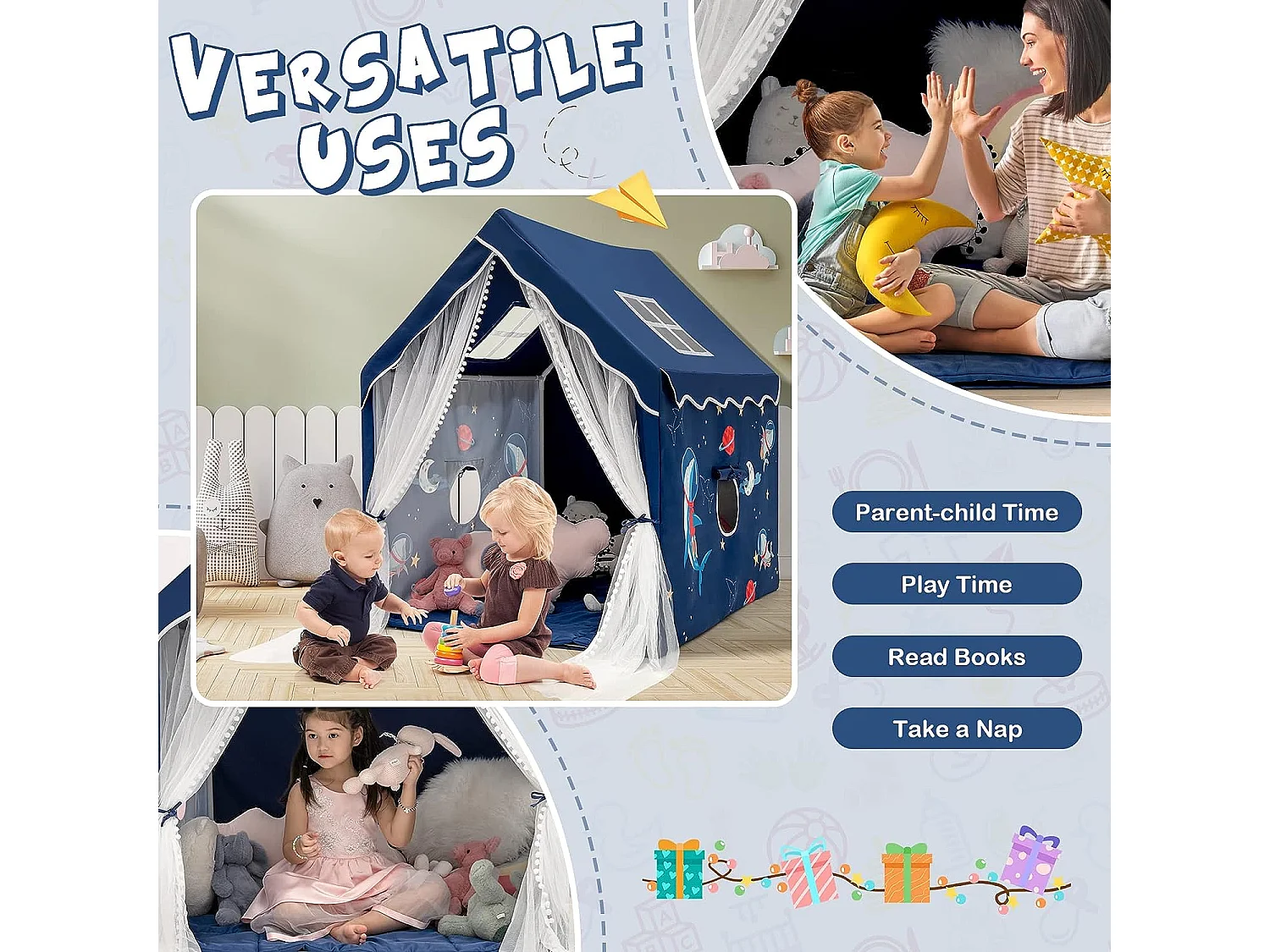 Tente de jeux pour enfants intérieur avec coussin rembourré amovible, cabane enfant