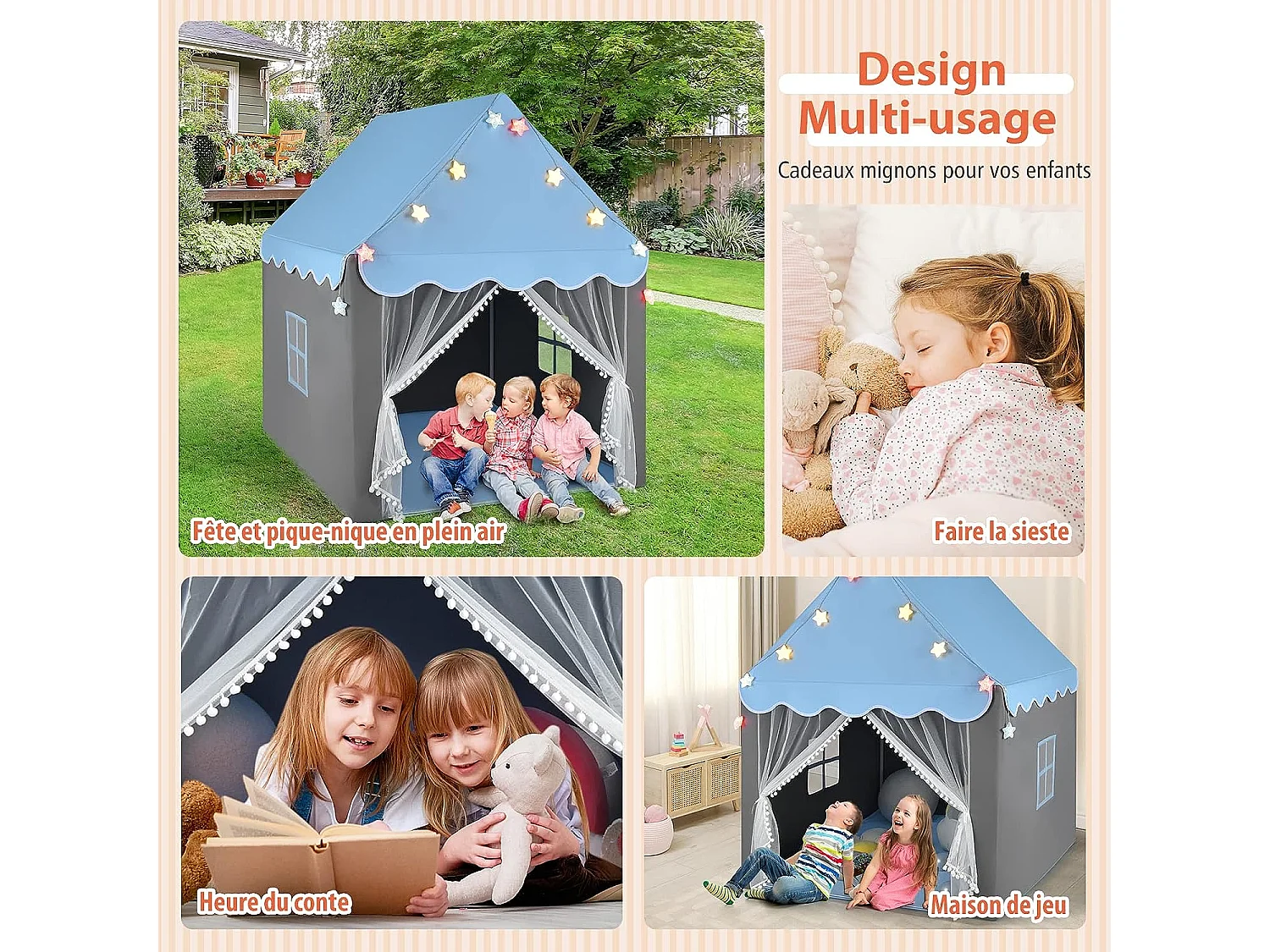 Tente de jeux pour enfants, cabane enfant avec tapis lavable, 105 x 121 x 136 cm