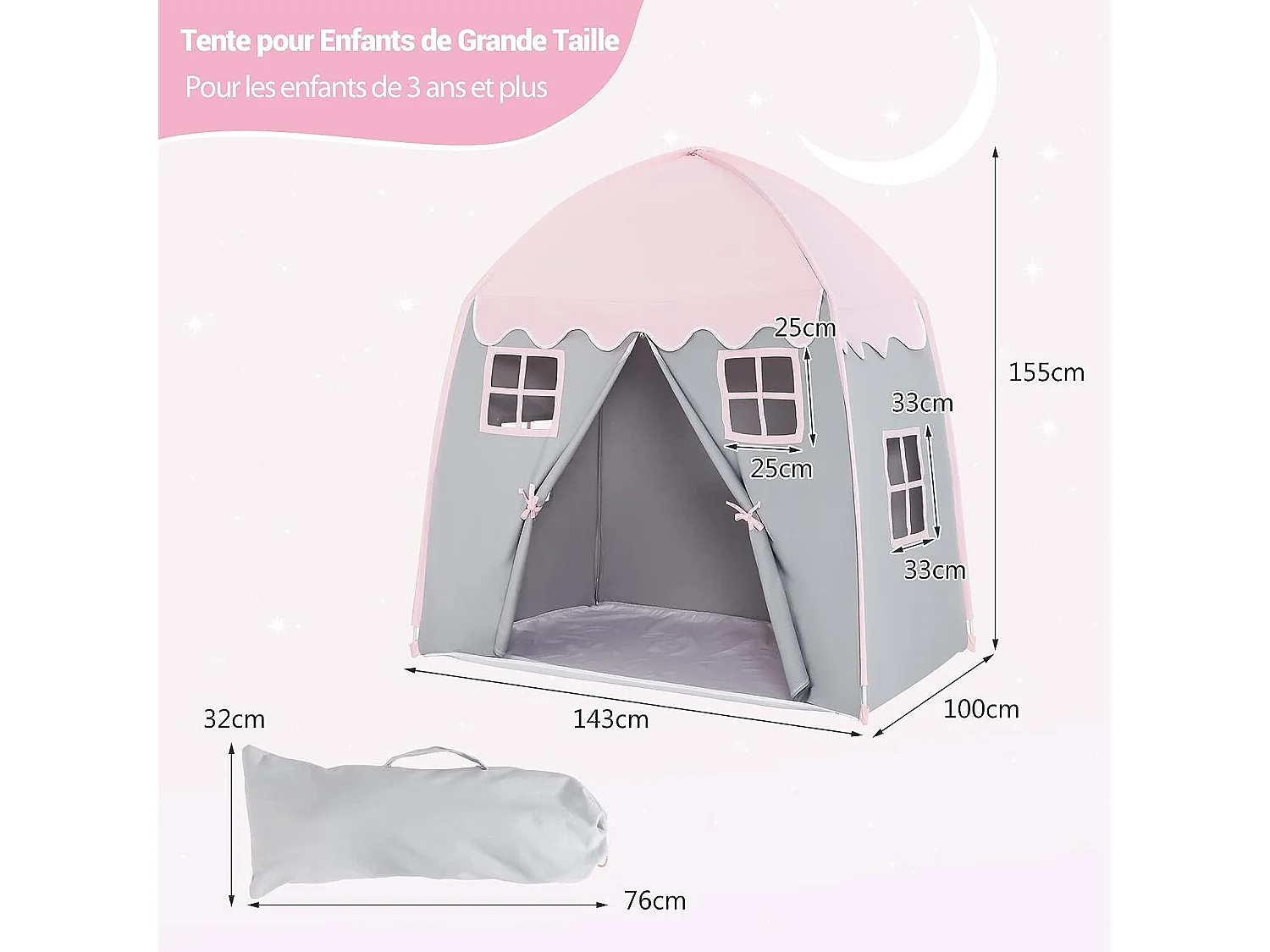 Tente de jeu pour enfants avec tapis antidérapant et sac de transport grande maisonr enfants 3 ans +