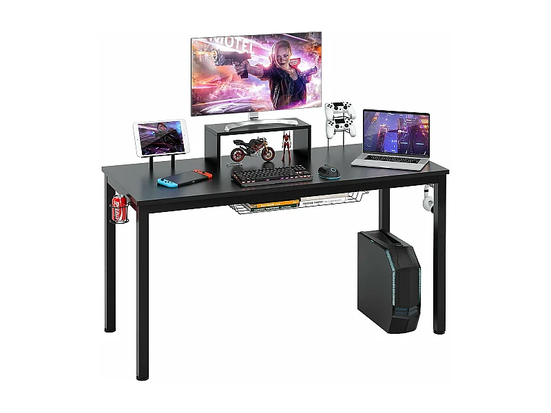 bureau gaming, gamer table avec etagère pour ecran, crochet casque, porte gobelet