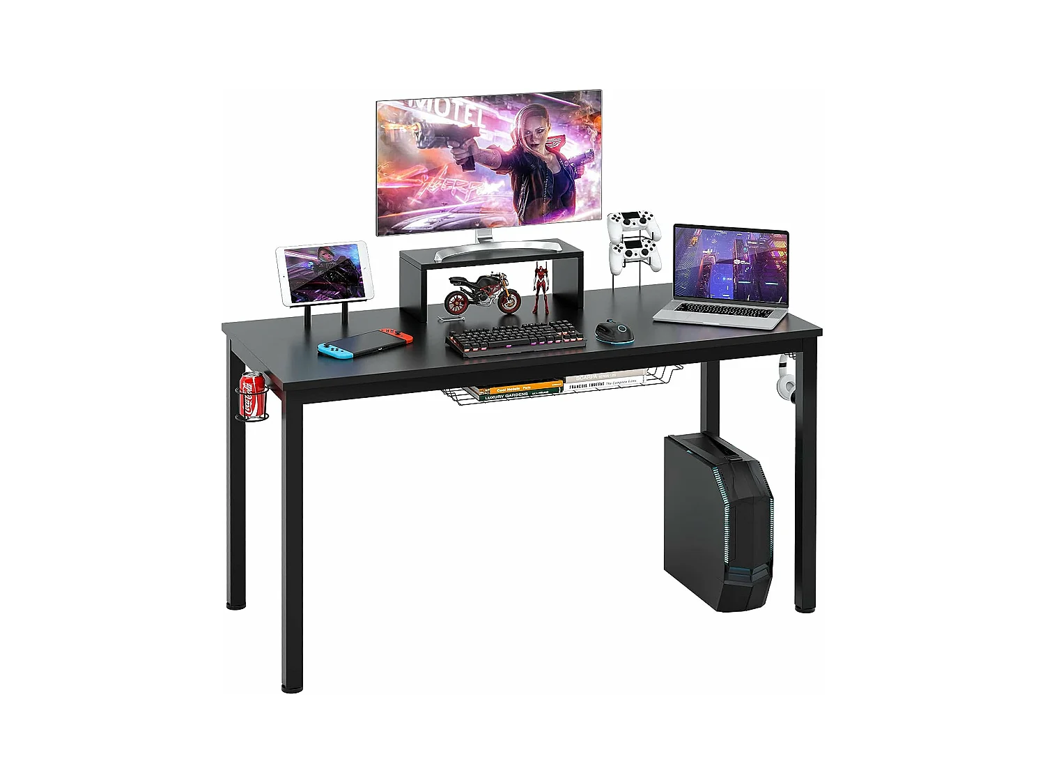 bureau gaming, gamer table avec etagère pour ecran, crochet casque, porte gobelet