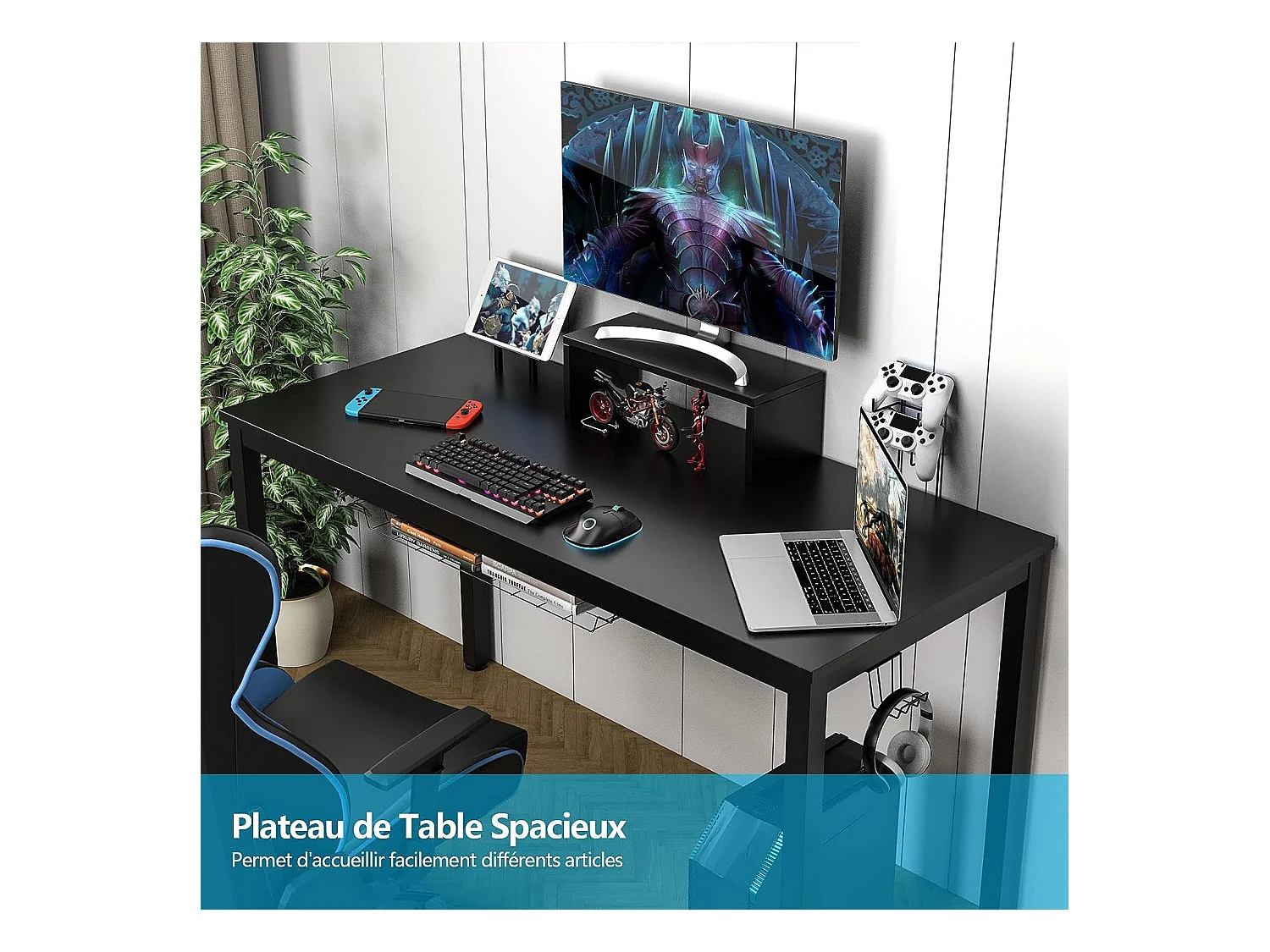 bureau gaming, gamer table avec etagère pour ecran, crochet casque, porte gobelet