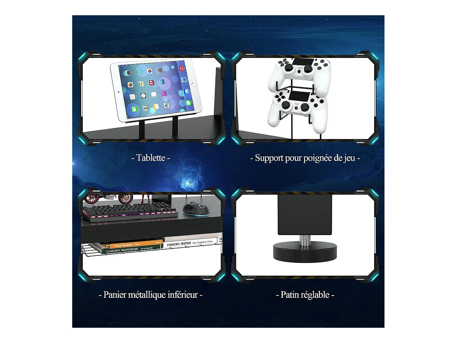 bureau gaming, gamer table avec etagère pour ecran, crochet casque, porte gobelet