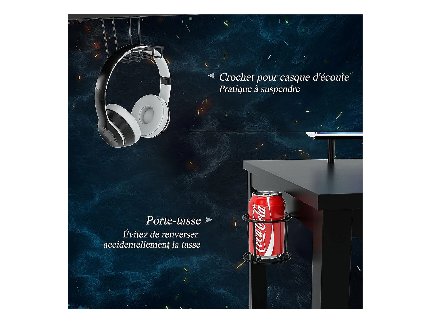 bureau gaming, gamer table avec etagère pour ecran, crochet casque, porte gobelet