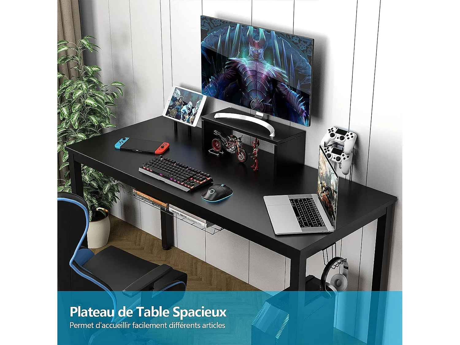 bureau gaming, gamer table avec etagère pour ecran, crochet casque, porte gobelet