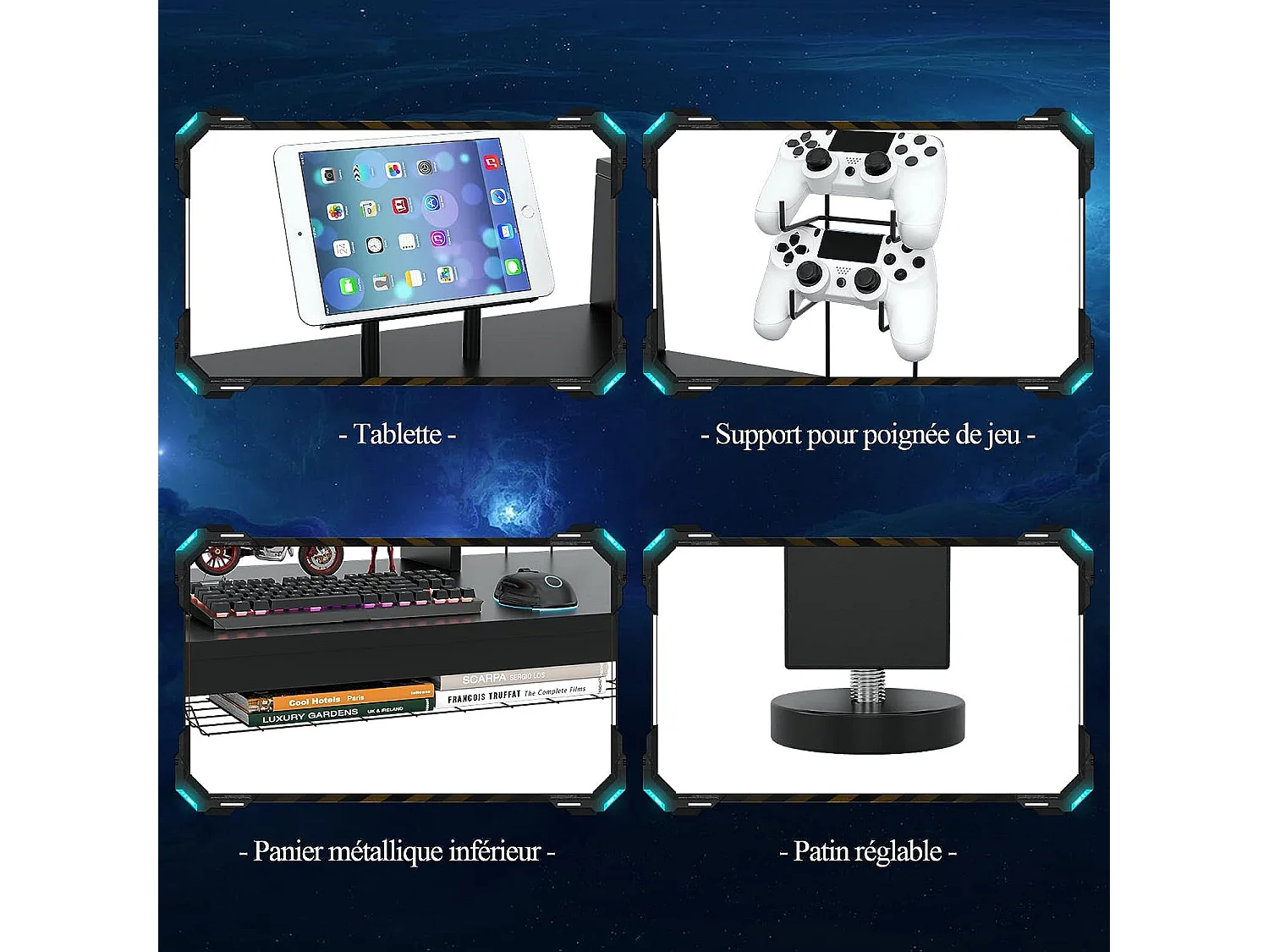 bureau gaming, gamer table avec etagère pour ecran, crochet casque, porte gobelet