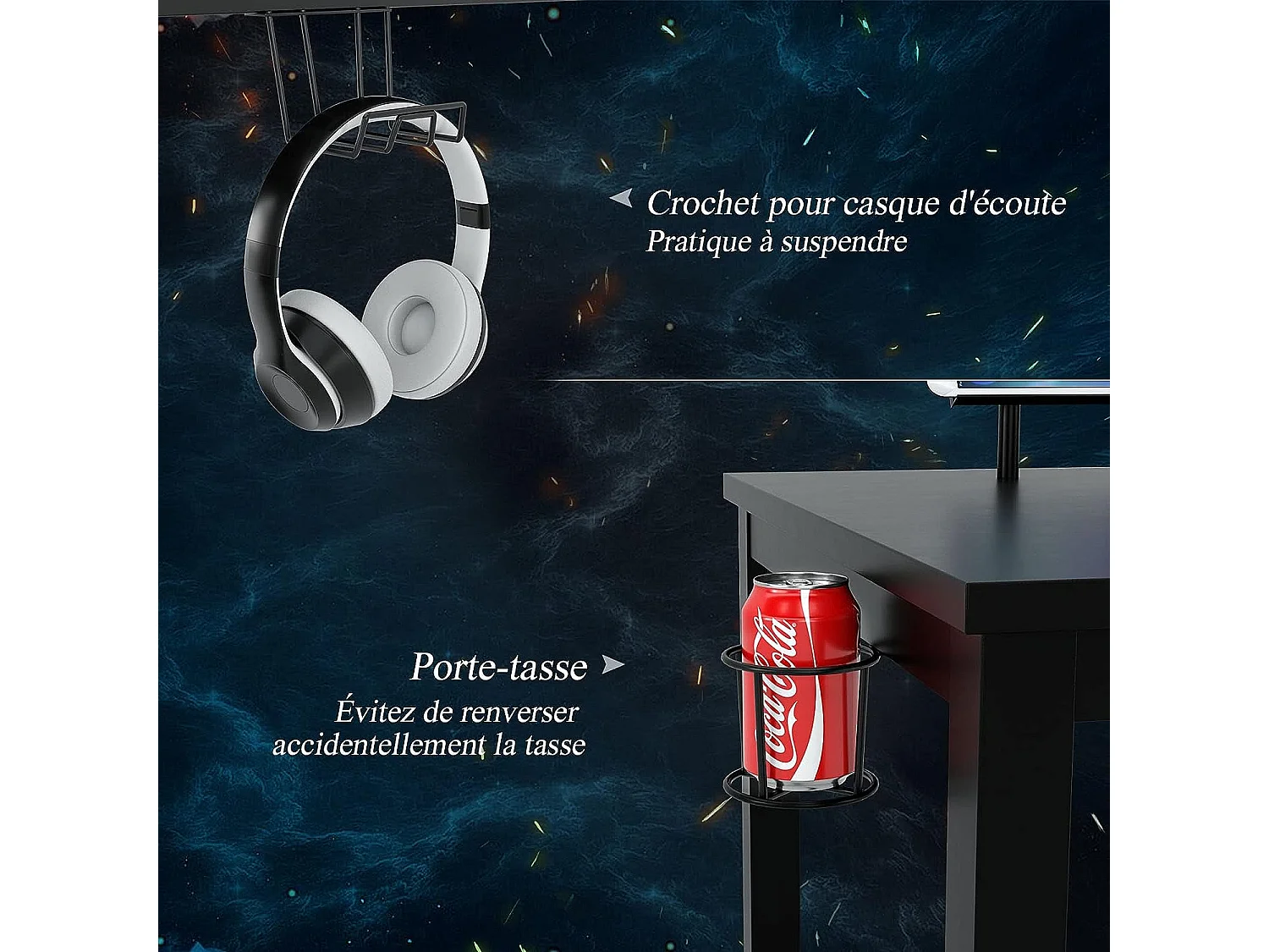 bureau gaming, gamer table avec etagère pour ecran, crochet casque, porte gobelet