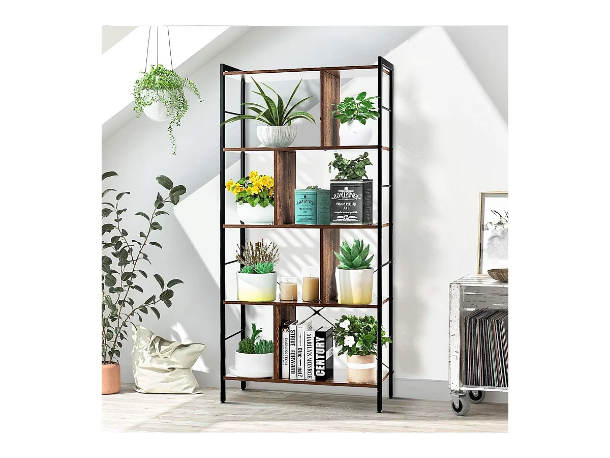 Bibliothèque Étagère à 5 Niveaux, Meuble de Rangement sur Pieds, Montage Facile, Style Industriel, Idéal pour Salon, Bureau, Chambre, 74 x 30 x 155 cm