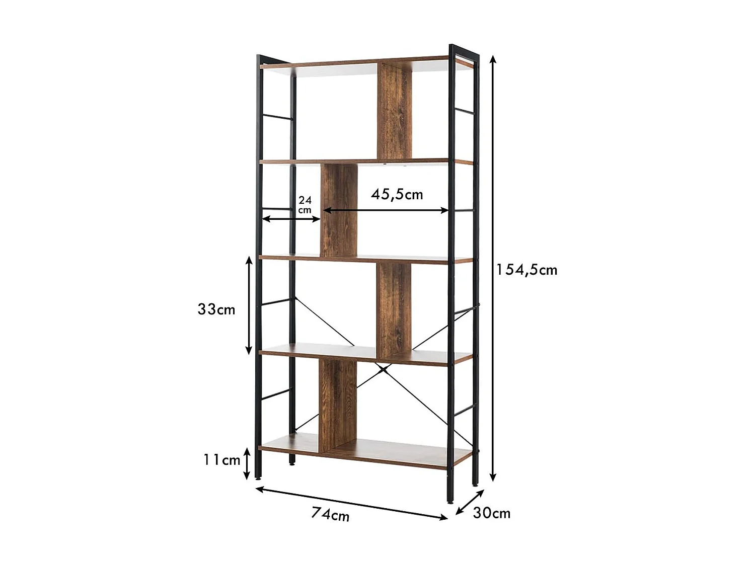 Bibliothèque Étagère à 5 Niveaux, Meuble de Rangement sur Pieds, Montage Facile, Style Industriel, Idéal pour Salon, Bureau, Chambre, 74 x 30 x 155 cm