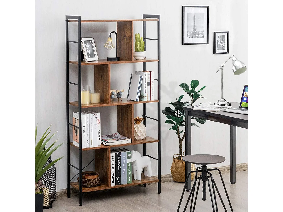 Bibliothèque Étagère à 5 Niveaux, Meuble de Rangement sur Pieds, Montage Facile, Style Industriel, Idéal pour Salon, Bureau, Chambre, 74 x 30 x 155 cm