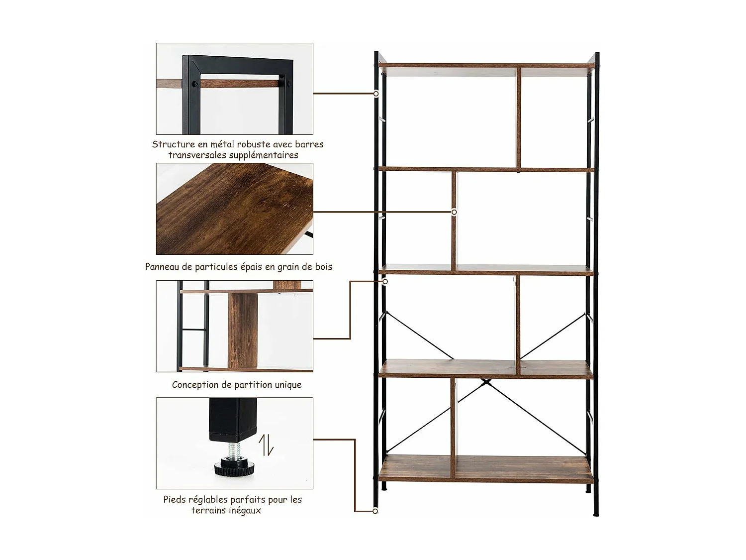 Bibliothèque Étagère à 5 Niveaux, Meuble de Rangement sur Pieds, Montage Facile, Style Industriel, Idéal pour Salon, Bureau, Chambre, 74 x 30 x 155 cm