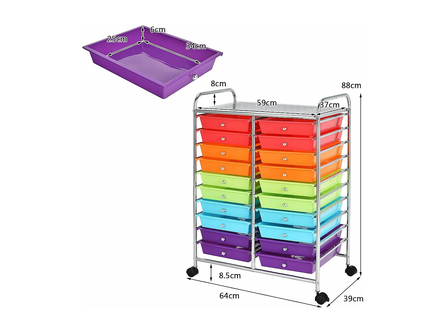 Tour de rangement sur roulettes avec 20 tiroirs 64 x 39 x 88 cm