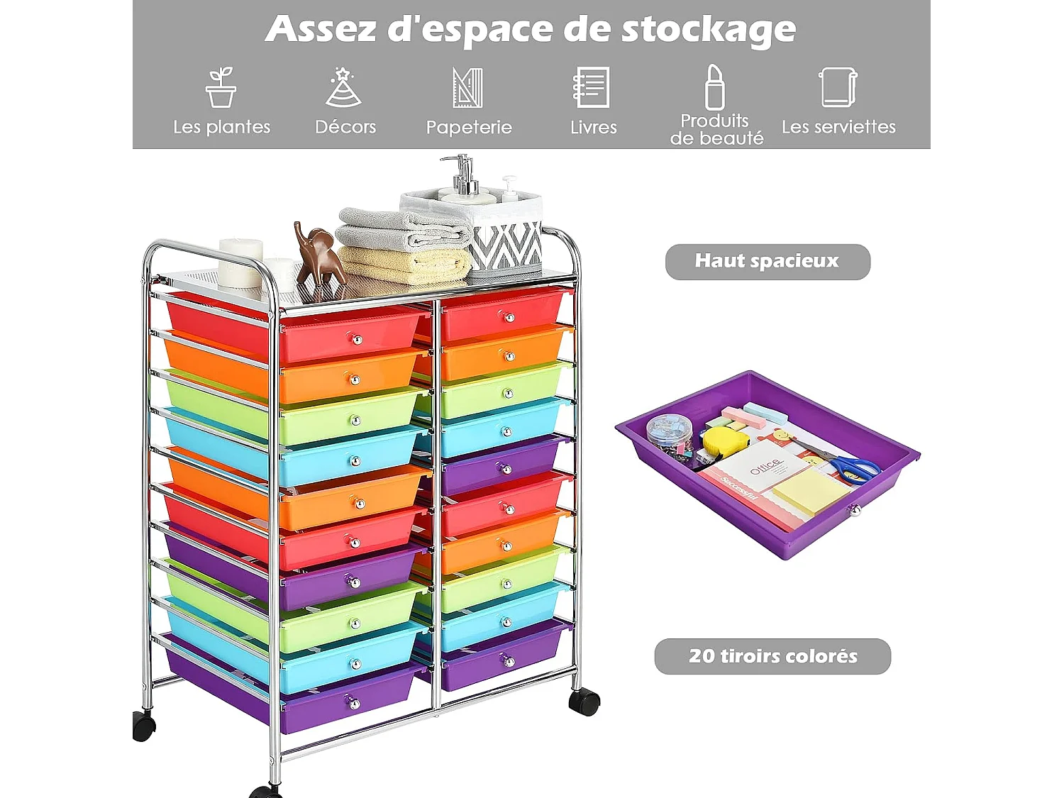 Tour de rangement sur roulettes avec 20 tiroirs 64 x 39 x 88 cm