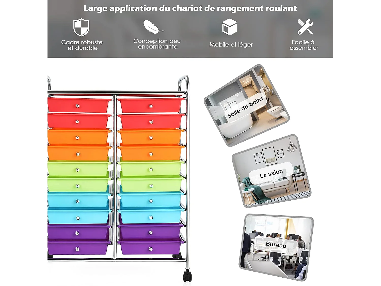 Tour de rangement sur roulettes avec 20 tiroirs 64 x 39 x 88 cm