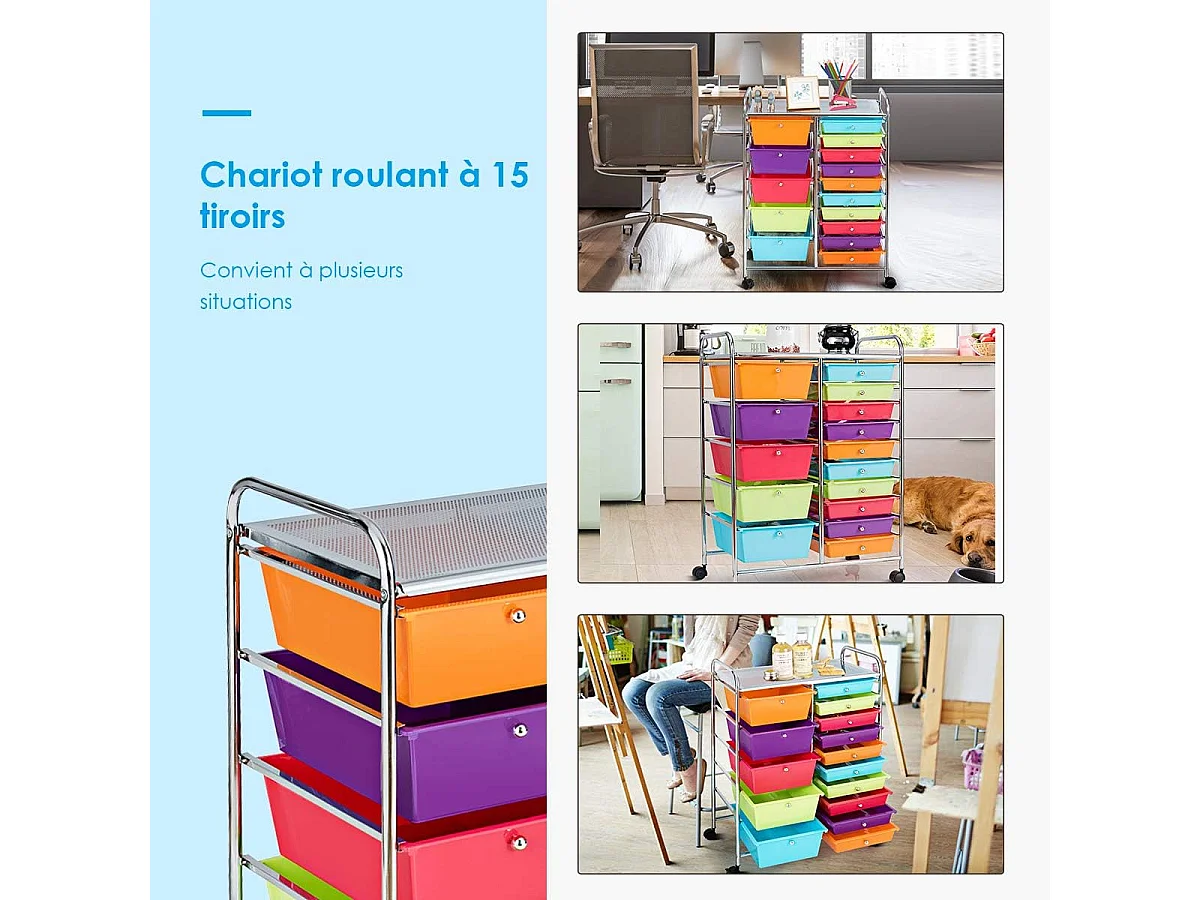 Chariot de Rangement à Roulette 15 Tiroirs en PP, Tour avec Tablette, Cadre en Métal, Desserte Meuble pour Cuisine, École, 62,5x37x87cm (Multicolore)