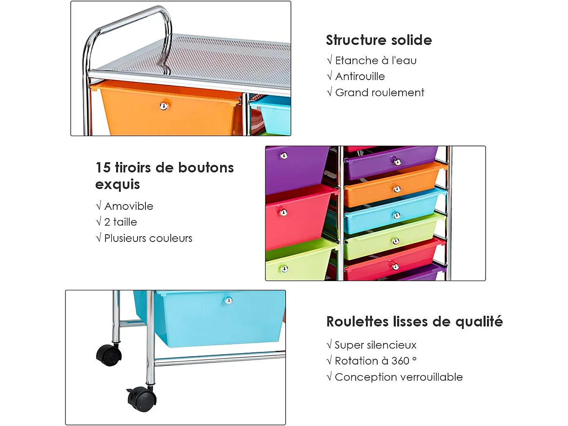 Chariot de Rangement à Roulette 15 Tiroirs en PP, Tour avec Tablette, Cadre en Métal, Desserte Meuble pour Cuisine, École, 62,5x37x87cm (Multicolore)