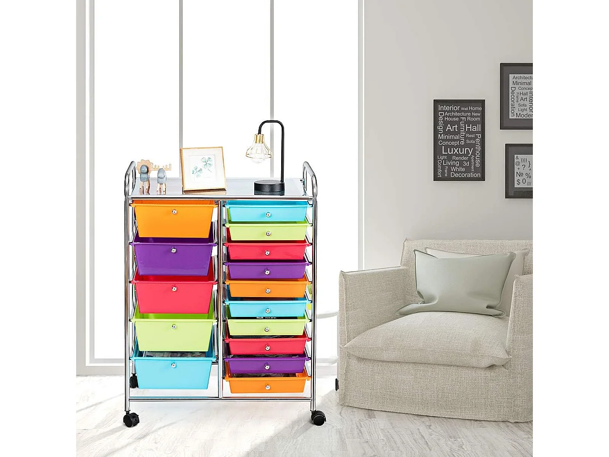 Chariot de Rangement à Roulette 15 Tiroirs en PP, Tour avec Tablette, Cadre en Métal, Desserte Meuble pour Cuisine, École, 62,5x37x87cm (Multicolore)