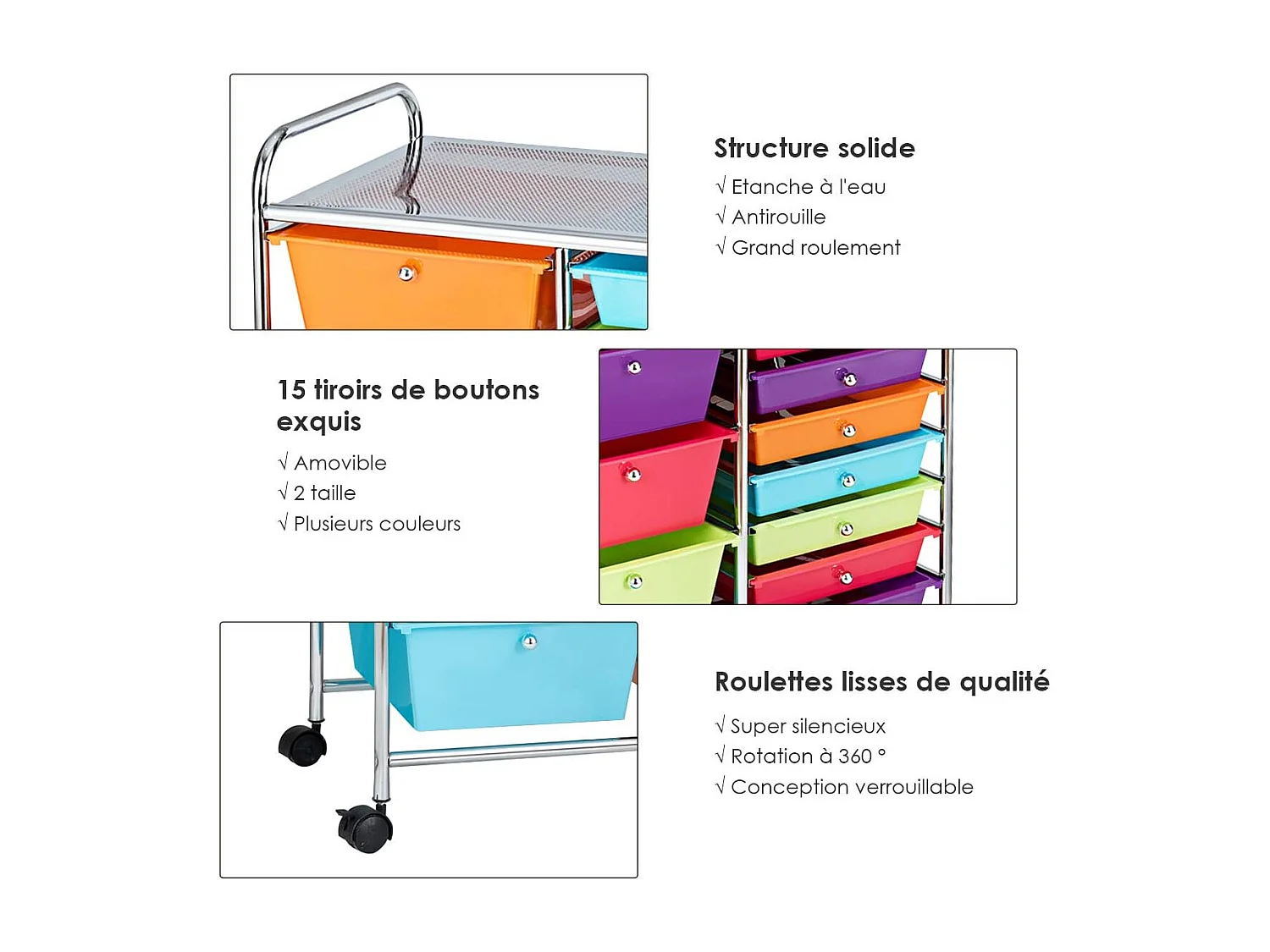 Chariot de Rangement à Roulette 15 Tiroirs en PP, Tour avec Tablette, Cadre en Métal, Desserte Meuble pour Cuisine, École, 62,5x37x87cm (Multicolore)