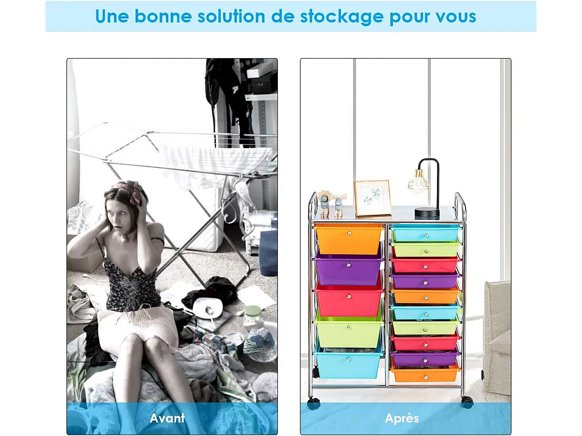 Chariot de Rangement à Roulette 15 Tiroirs en PP, Tour avec Tablette, Cadre en Métal, Desserte Meuble pour Cuisine, École, 62,5x37x87cm (Multicolore)