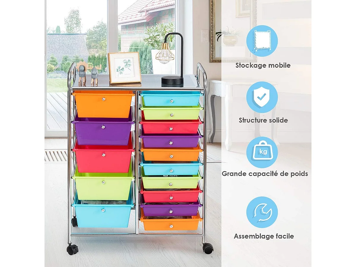 Chariot de Rangement à Roulette 15 Tiroirs en PP, Tour avec Tablette, Cadre en Métal, Desserte Meuble pour Cuisine, École, 62,5x37x87cm (Multicolore)