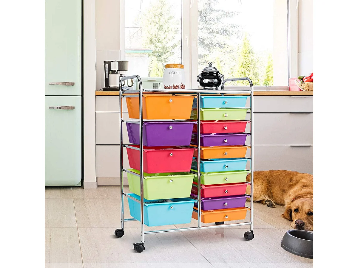 15 Laden PP Rollende Opbergwagen, Toren met Plank, Metalen Frame, Keuken, School, 62,5x37x87cm (Multicolor)
