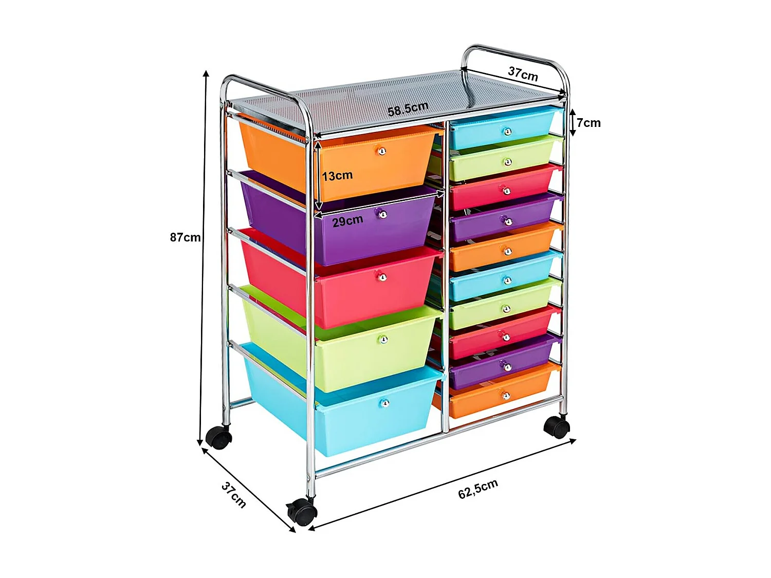 15 Laden PP Rollende Opbergwagen, Toren met Plank, Metalen Frame, Keuken, School, 62,5x37x87cm (Multicolor)