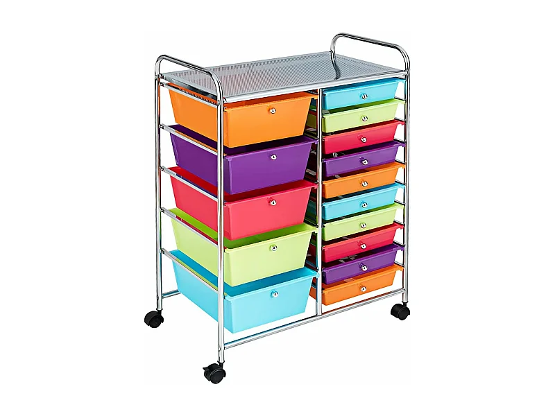 15 Laden PP Rollende Opbergwagen, Toren met Plank, Metalen Frame, Keuken, School, 62,5x37x87cm (Multicolor)