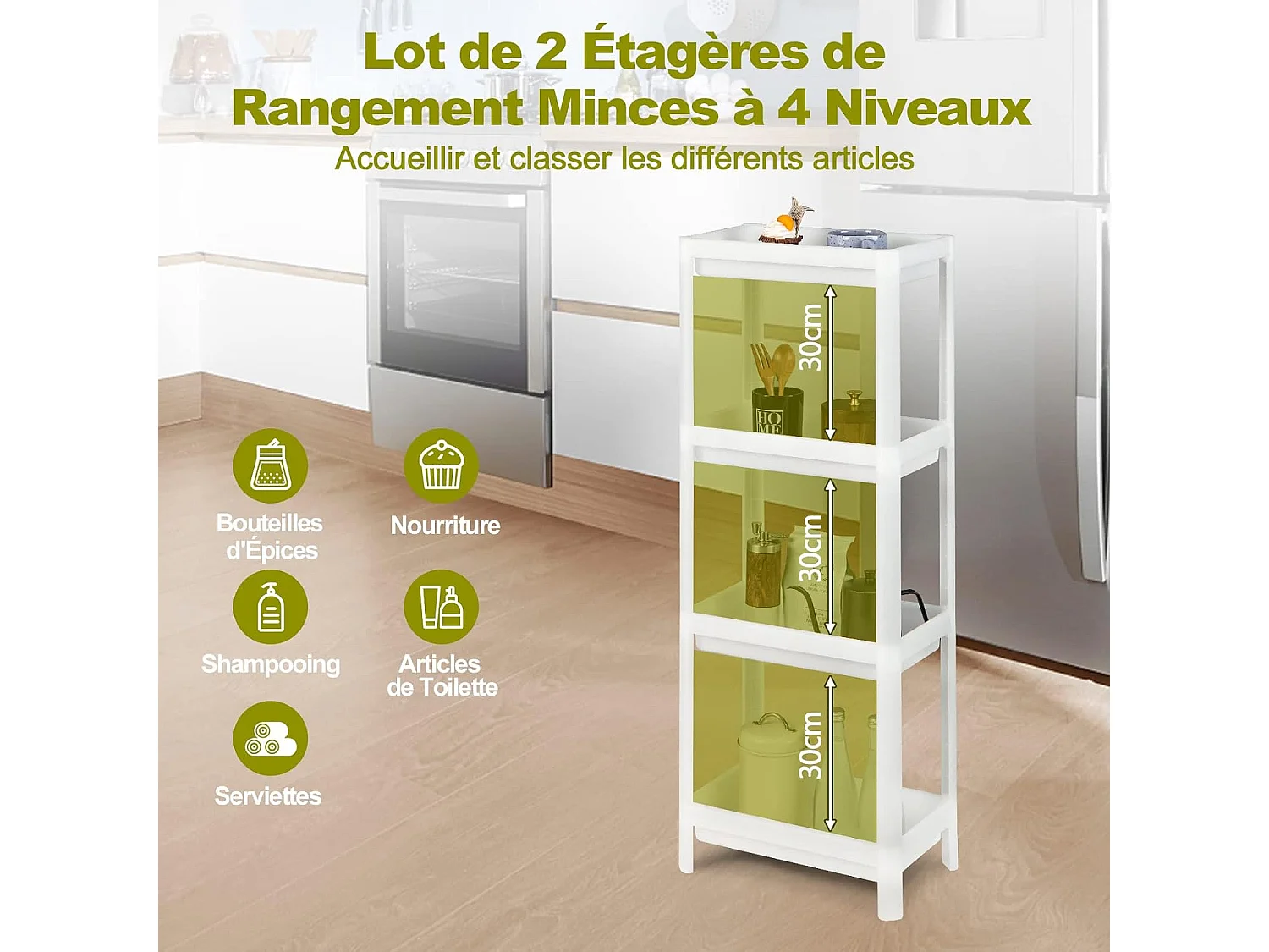 Lot de 2 Étagère Rangement Mince à 4 Niveaux, Desserte Cuisine Compacte 4 Plateaux de Support