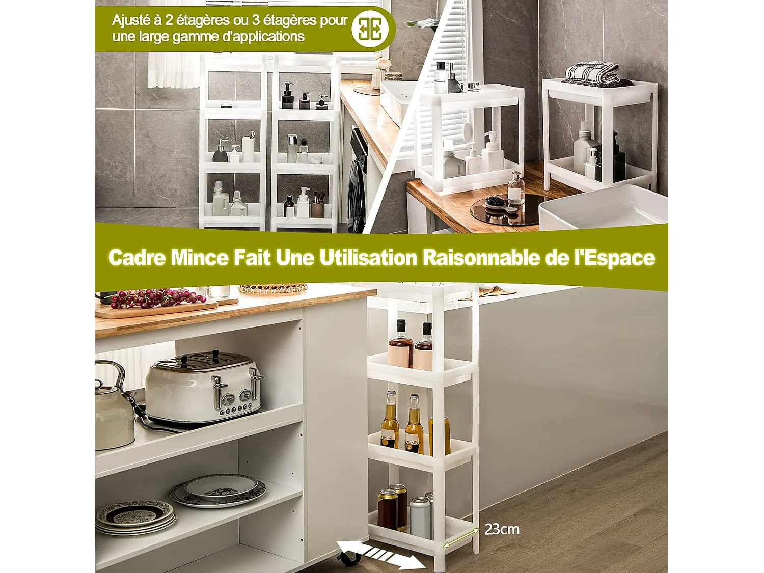 Lot de 2 Étagère Rangement Mince à 4 Niveaux, Desserte Cuisine Compacte 4 Plateaux de Support