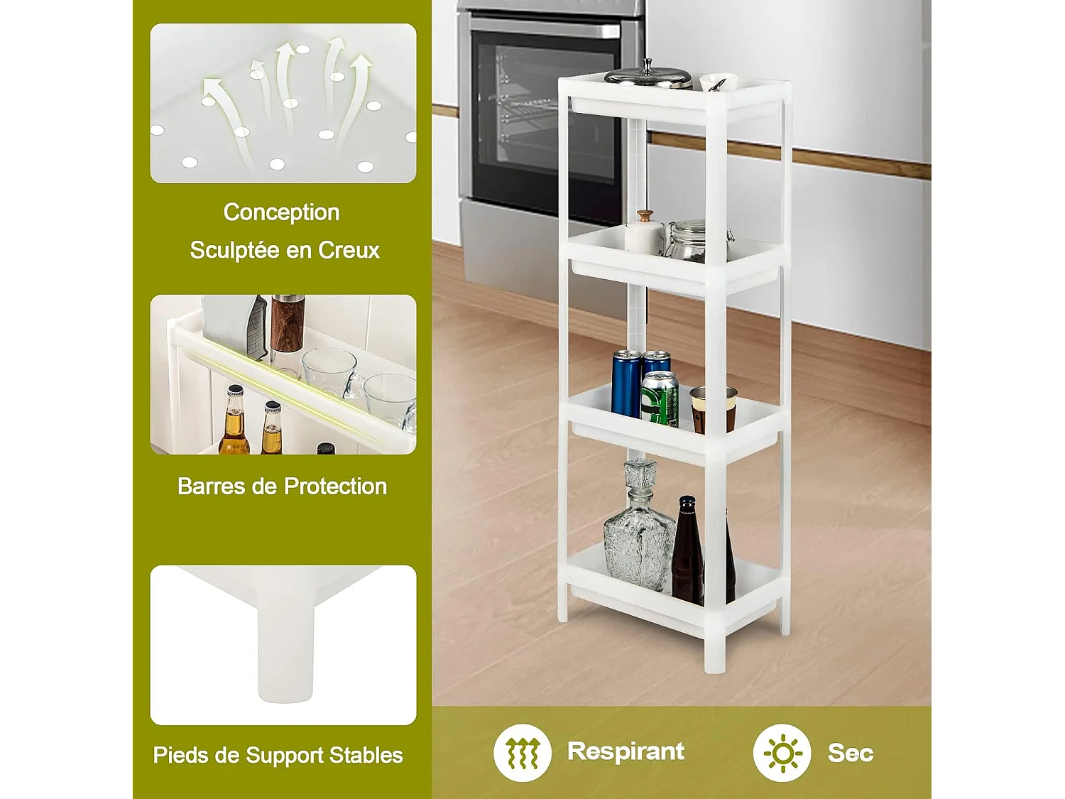 Lot de 2 Étagère Rangement Mince à 4 Niveaux, Desserte Cuisine Compacte 4 Plateaux de Support