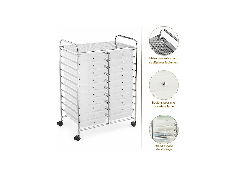 Tour de rangement sur roulettes avec 20 tiroirs 64 x 39 x 88 cm