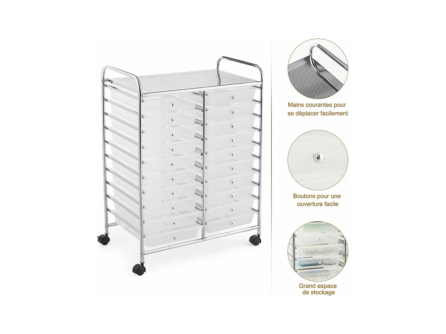 Tour de rangement sur roulettes avec 20 tiroirs 64 x 39 x 88 cm