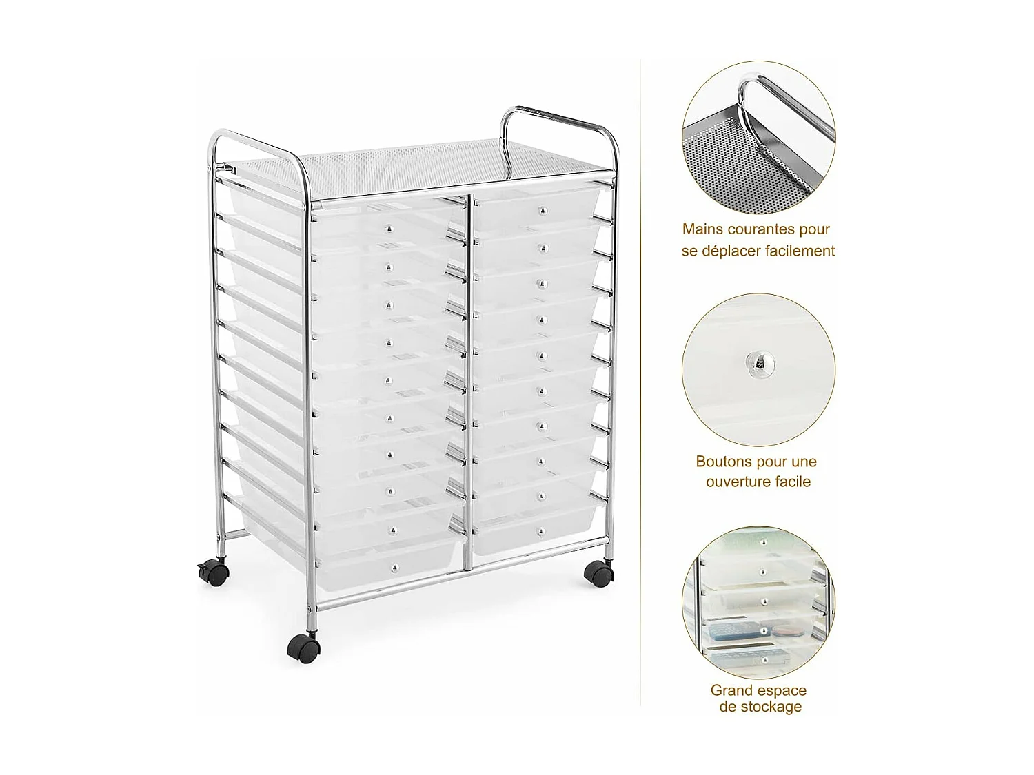 Tour de rangement sur roulettes avec 20 tiroirs 64 x 39 x 88 cm