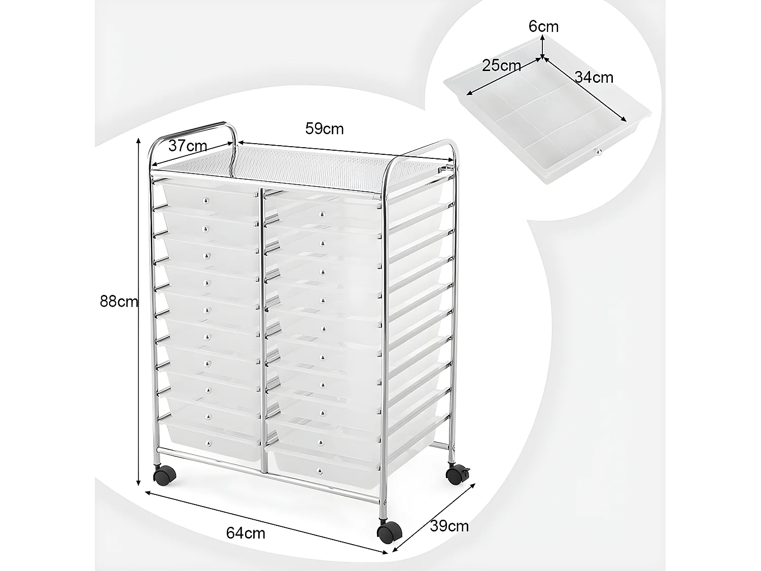 Tour de rangement sur roulettes avec 20 tiroirs 64 x 39 x 88 cm