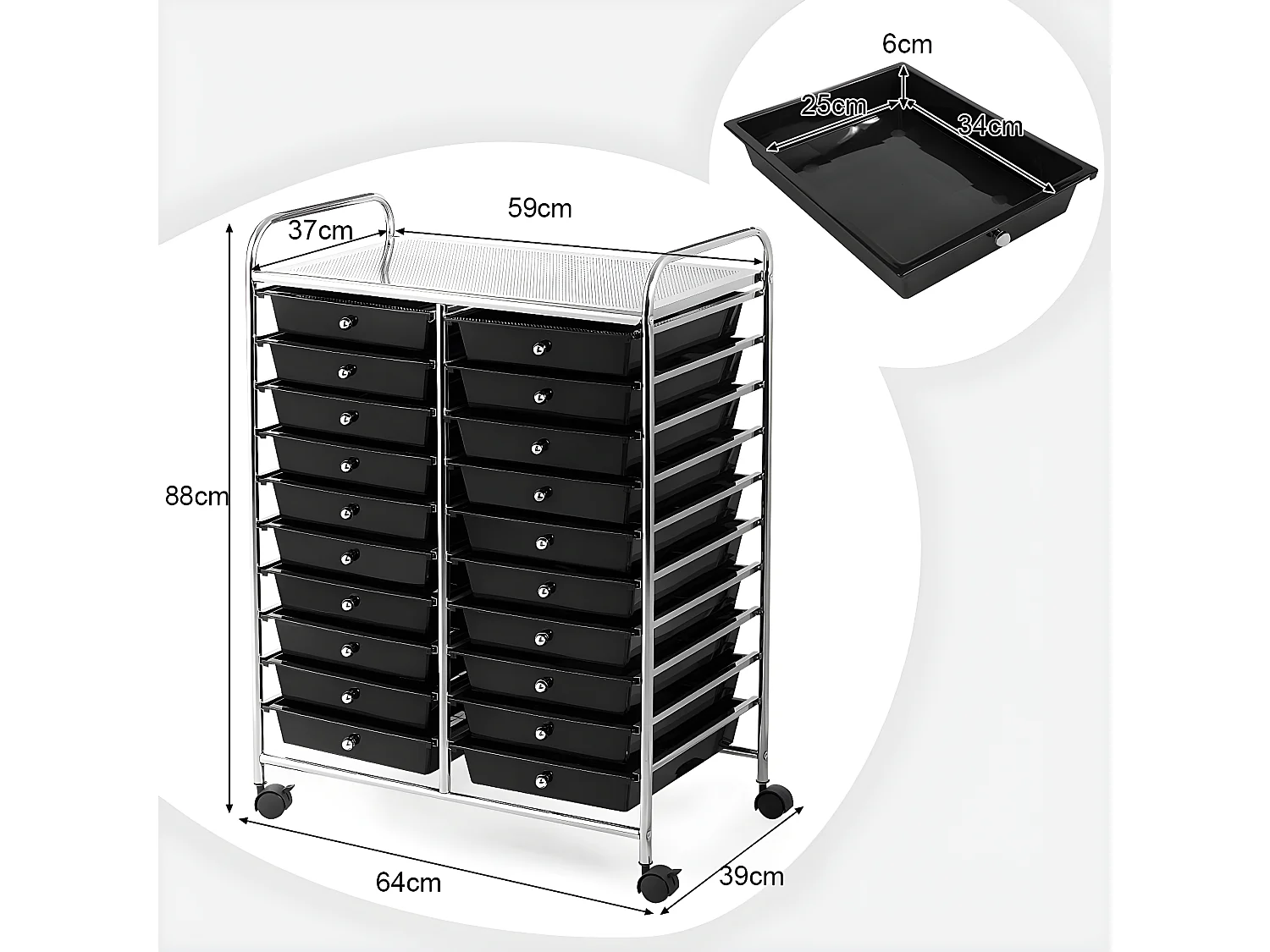 Tour de rangement sur roulettes avec 20 tiroirs 64 x 39 x 88 cm