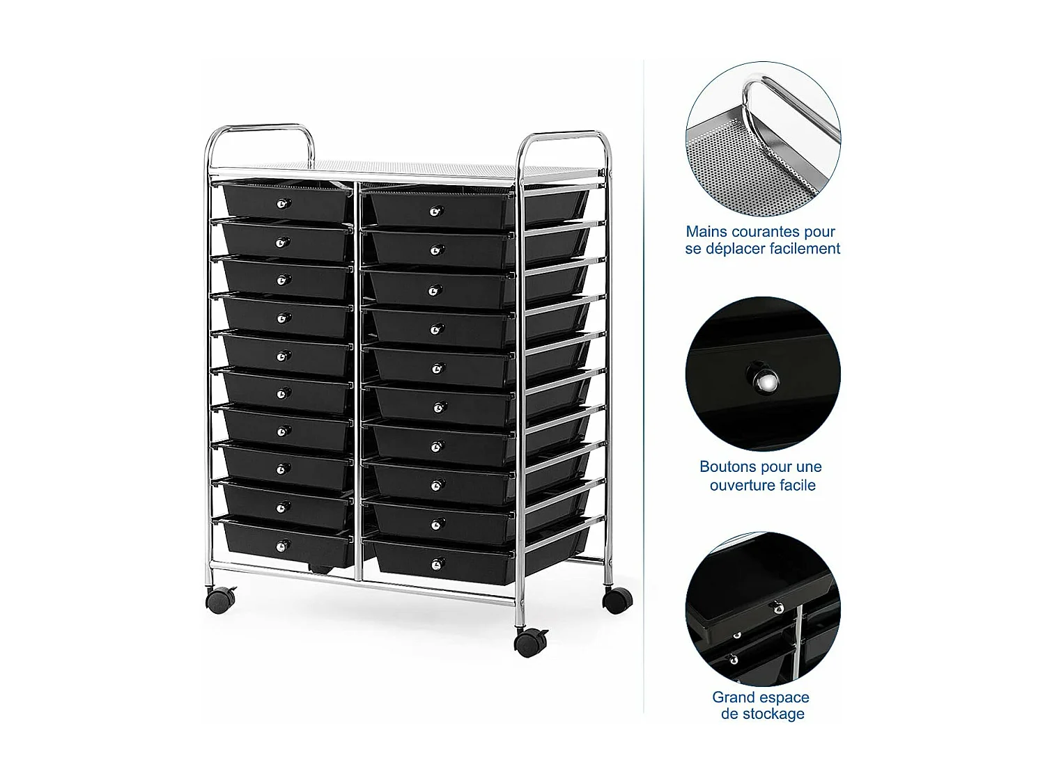 Tour de rangement sur roulettes avec 20 tiroirs 64 x 39 x 88 cm
