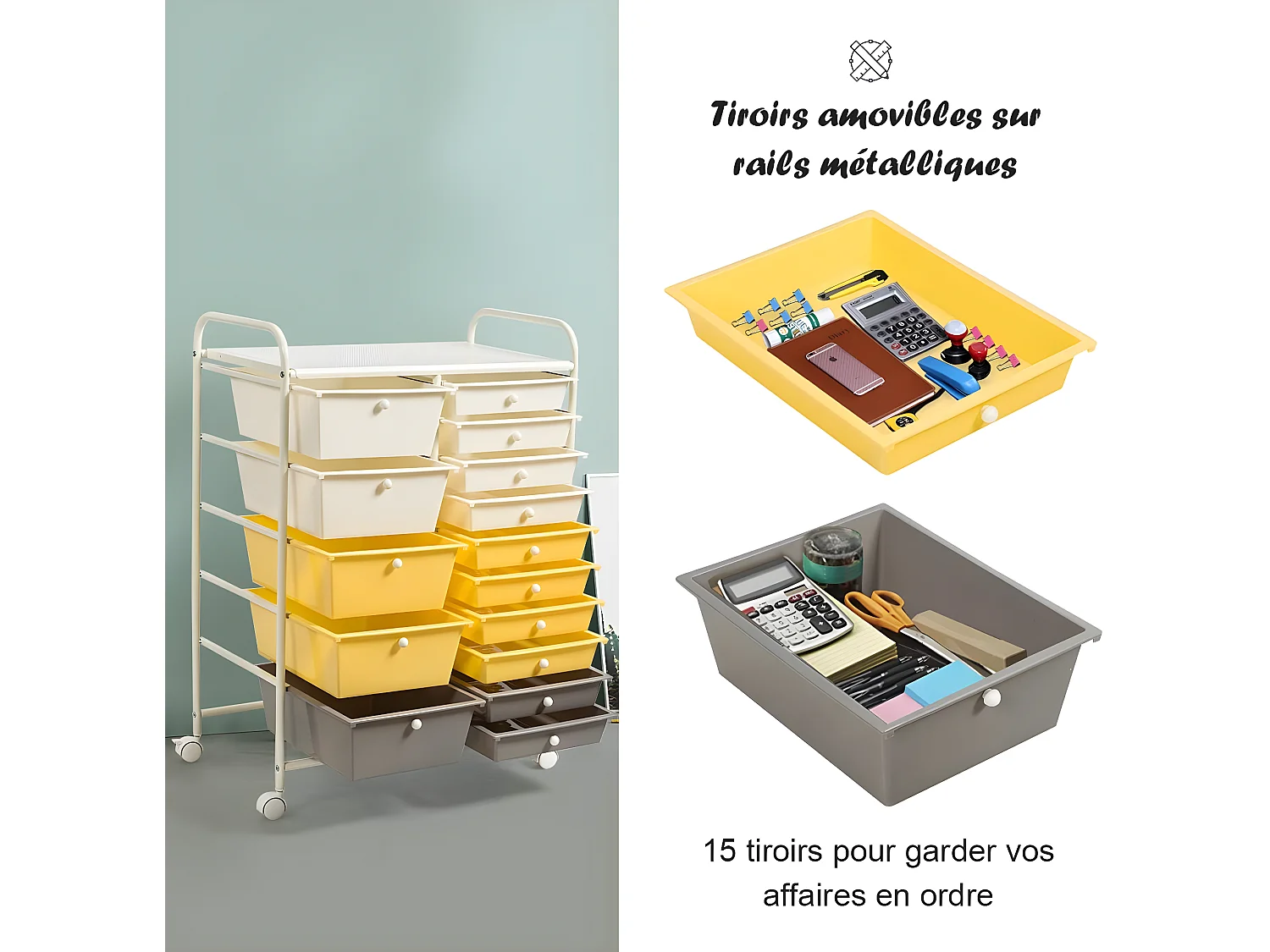 Tour de rangement chariot de rangement à roulettes avec 2 freins à pied et 15 tiroirs 62,5 x 37 x 87 cm