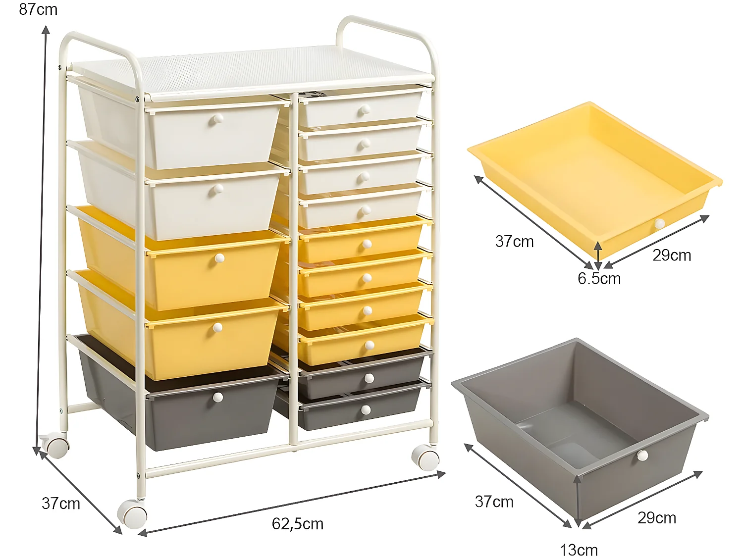 Tour de rangement chariot de rangement à roulettes avec 2 freins à pied et 15 tiroirs 62,5 x 37 x 87 cm
