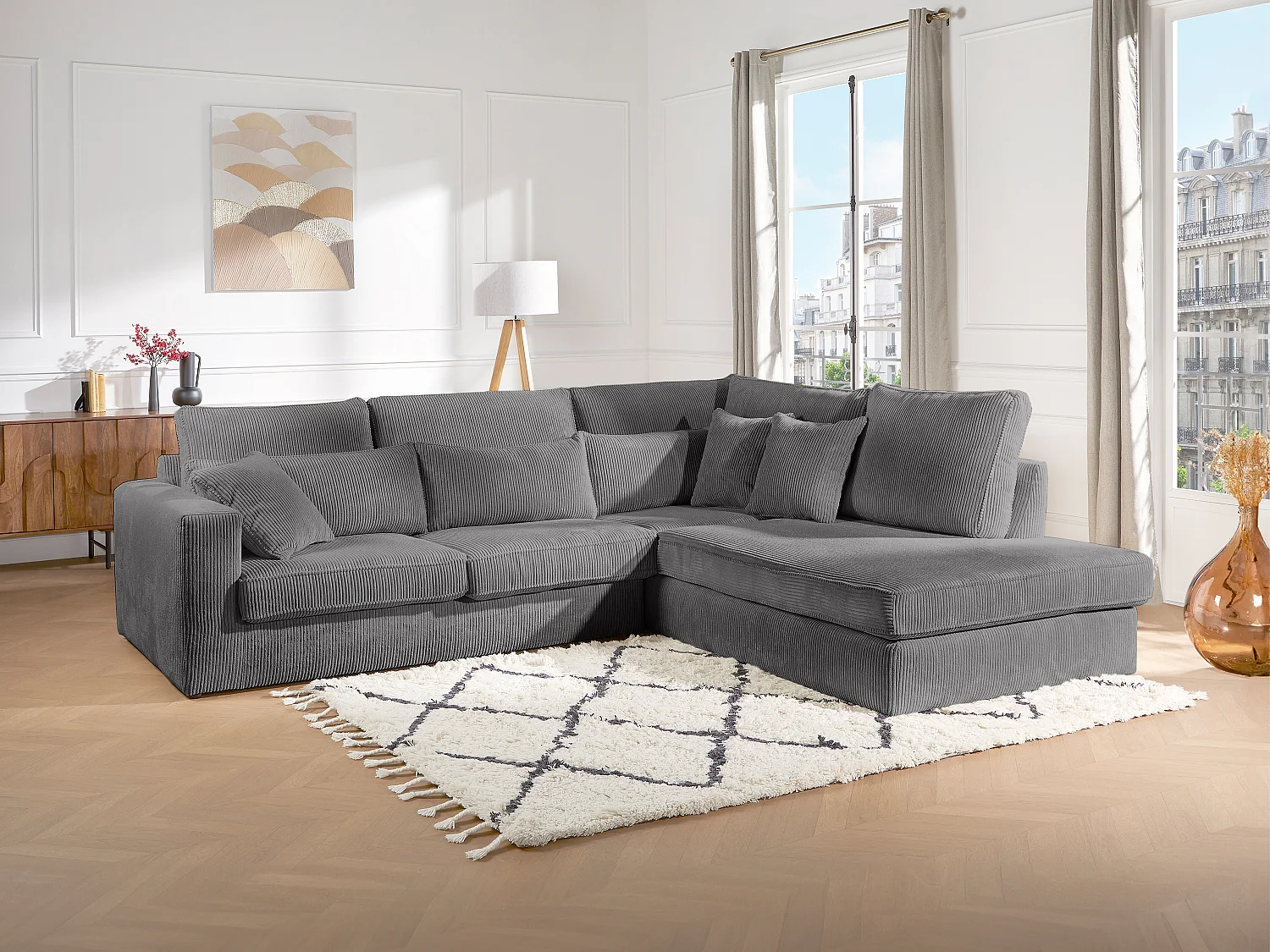 Großes Ecksofa - Ecke rechts - Cord - Grau - MONDOVI II