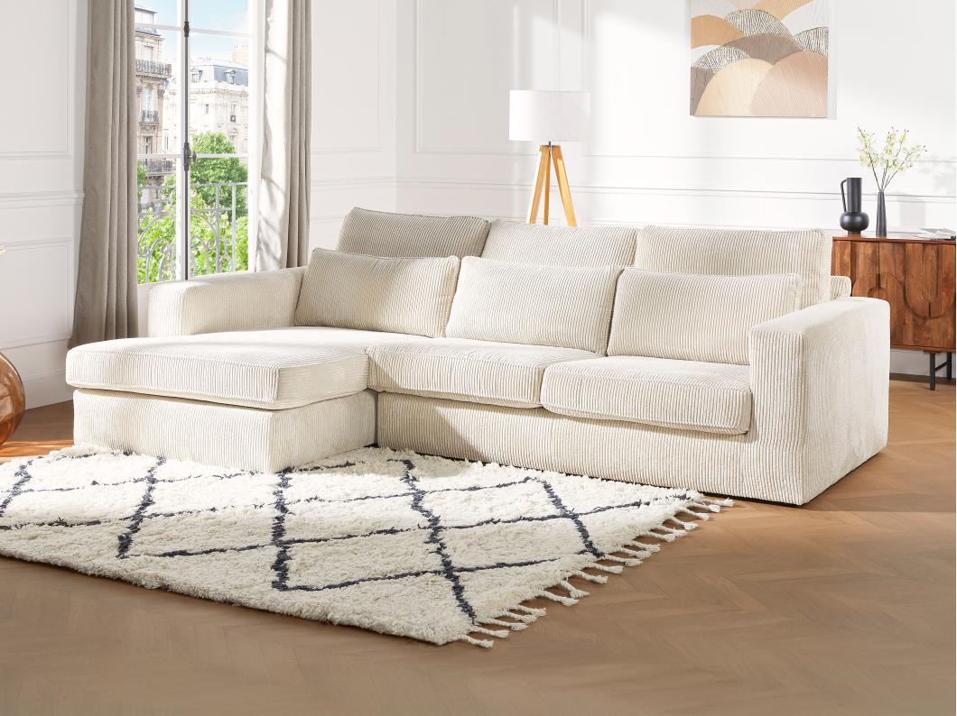 Hoekbank met hoek links van beige ribfluweel MONDOVI II