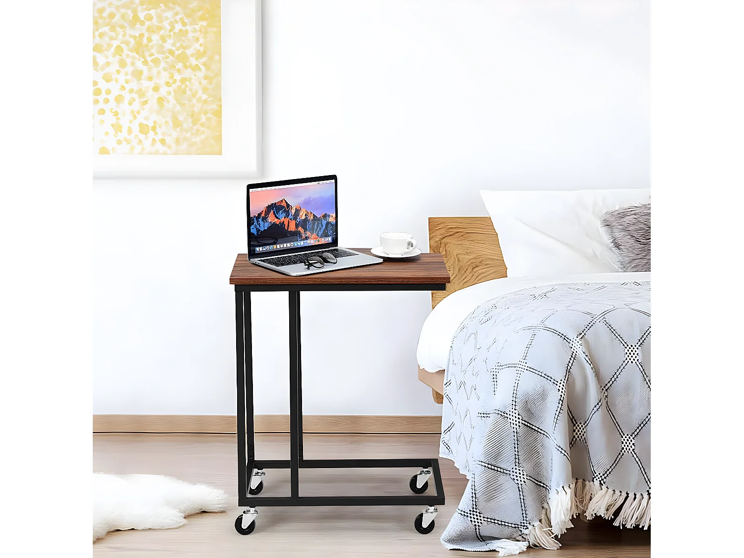 Bout de canapé avec 4 roues table d'appoint mobile en forme de c cadre en métal, 50x35x61cm