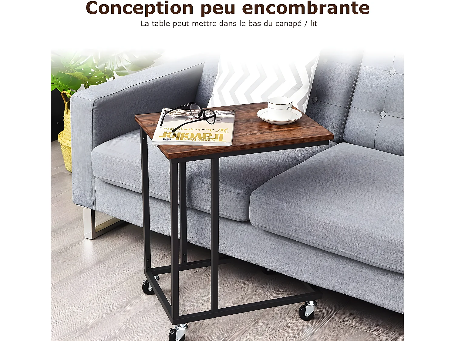 Bout de canapé avec 4 roues table d'appoint mobile en forme de c cadre en métal, 50x35x61cm