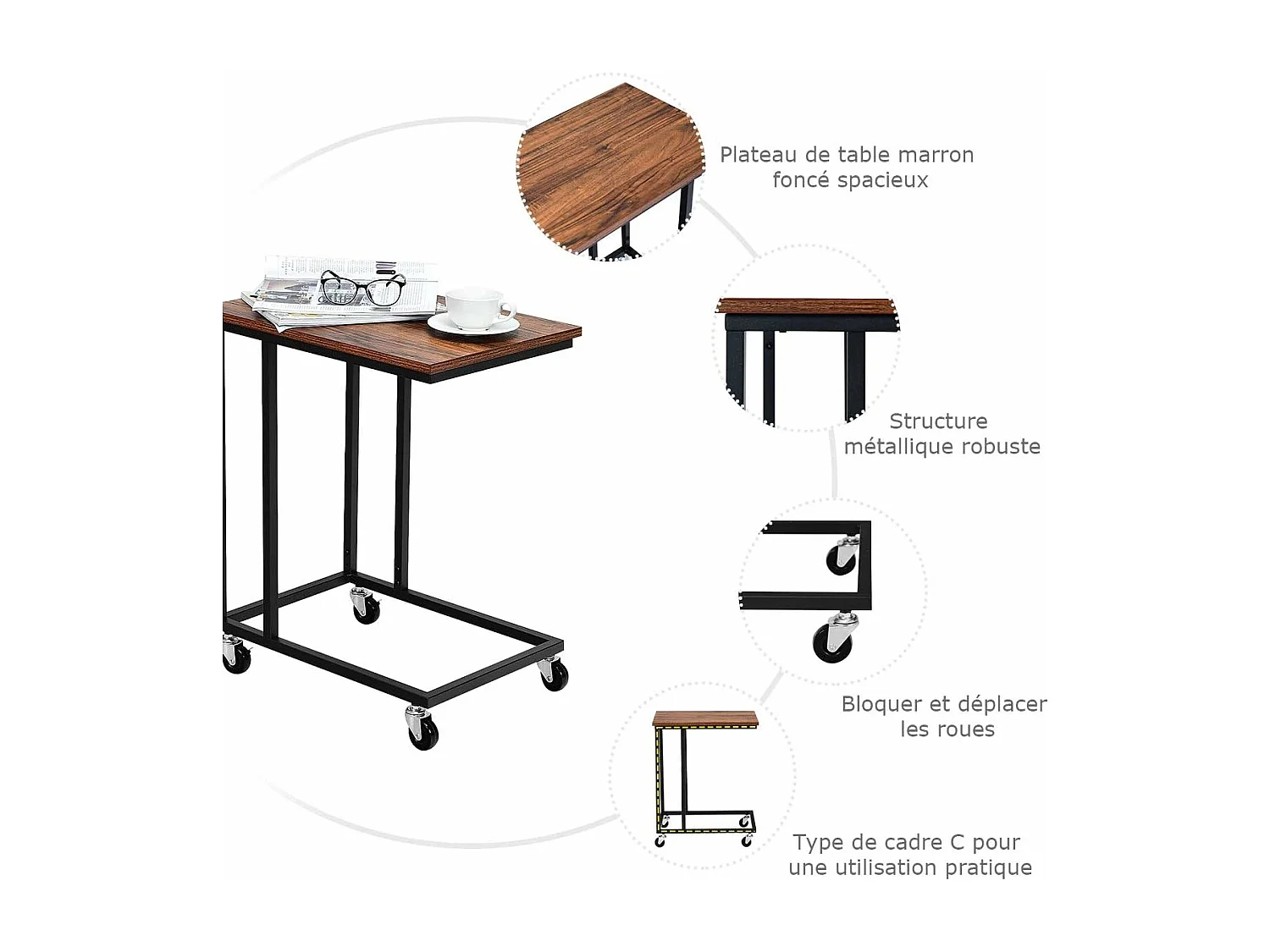Bout de canapé avec 4 roues table d'appoint mobile en forme de c cadre en métal, 50x35x61cm