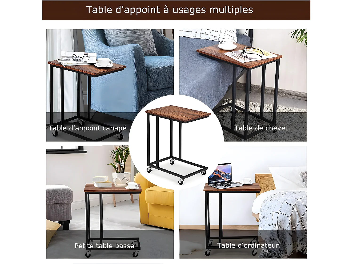 Bout de canapé avec 4 roues table d'appoint mobile en forme de c cadre en métal, 50x35x61cm
