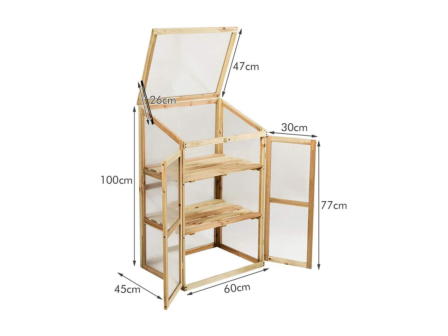 Mini Serre de Jardin 60x45x100CM Vitrages Transparents en Polycarbonate avec Etagères à 3 Niveaux pour Jardin/Balcon/Porche