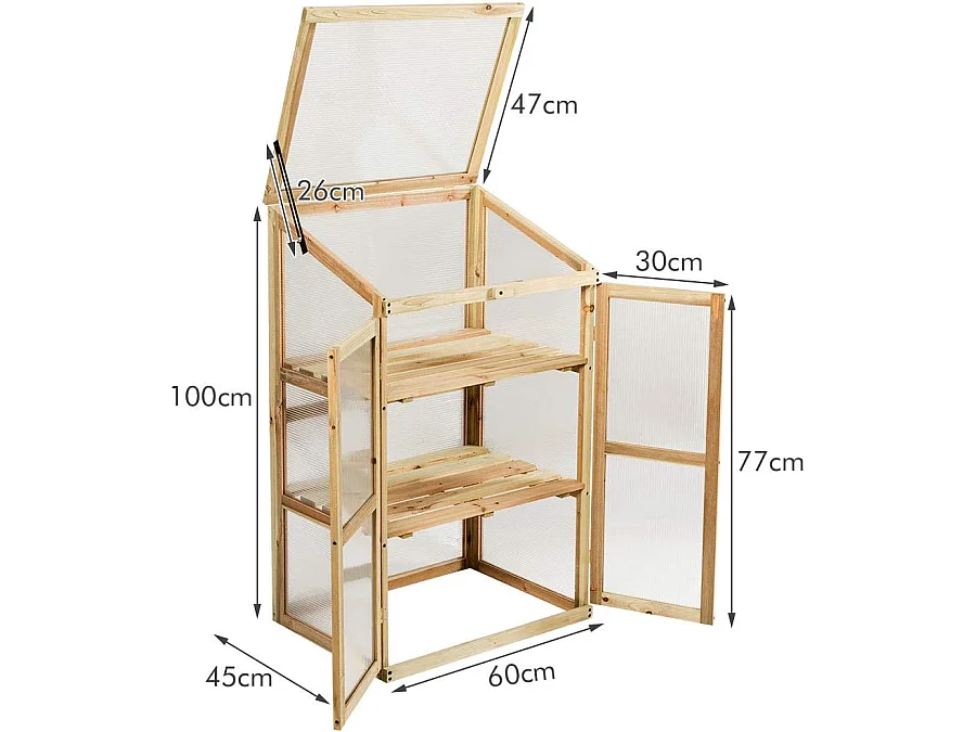 Mini Serre de Jardin 60x45x100CM Vitrages Transparents en Polycarbonate avec Etagères à 3 Niveaux pour Jardin/Balcon/Porche
