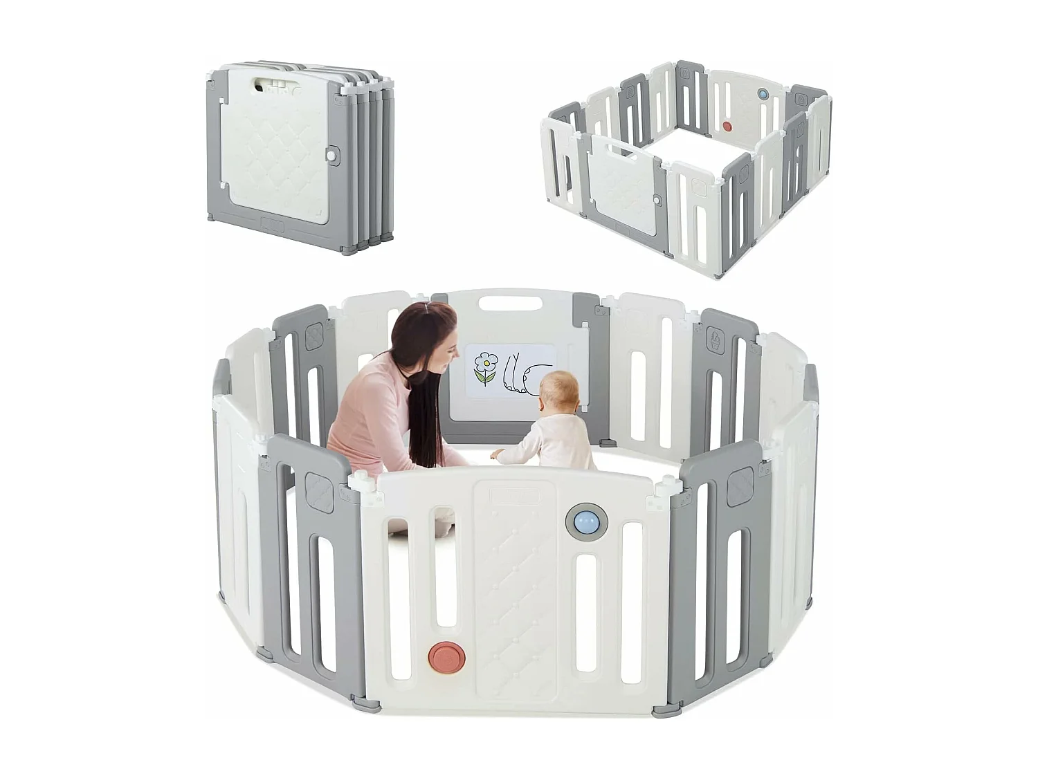 Parc bébé plastique pliable 12+2 panneaux d'activité et de porte avec loquet de sécurité